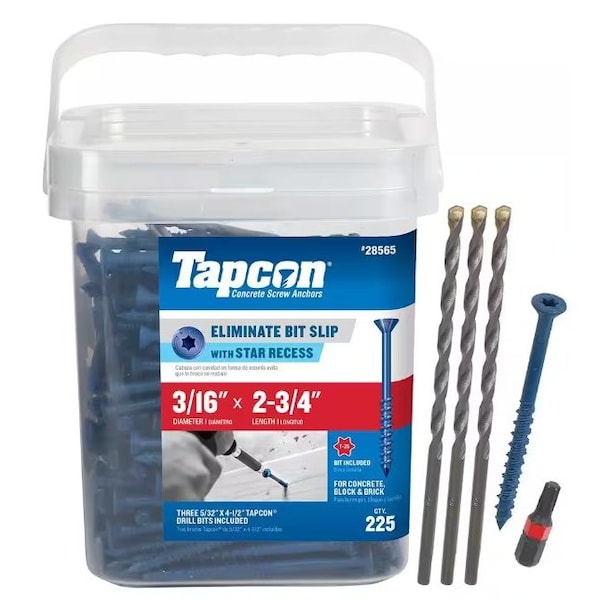 3/16-inch x 2-3/4-inch Climaseal Blue Flat Head T25 Concrete Screw Anchors With Drill Bit, 225PK